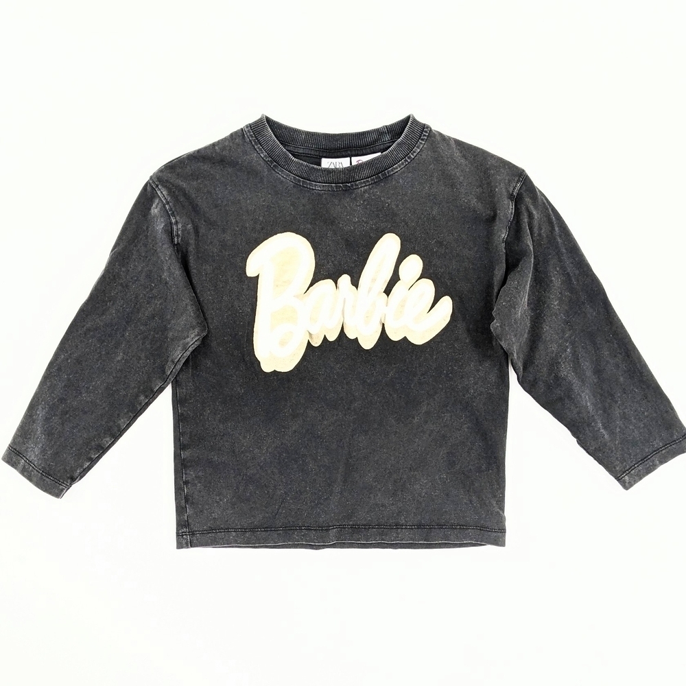 Zara Girls Long Sleeve 'Barbie' Charcoal Grey Tee